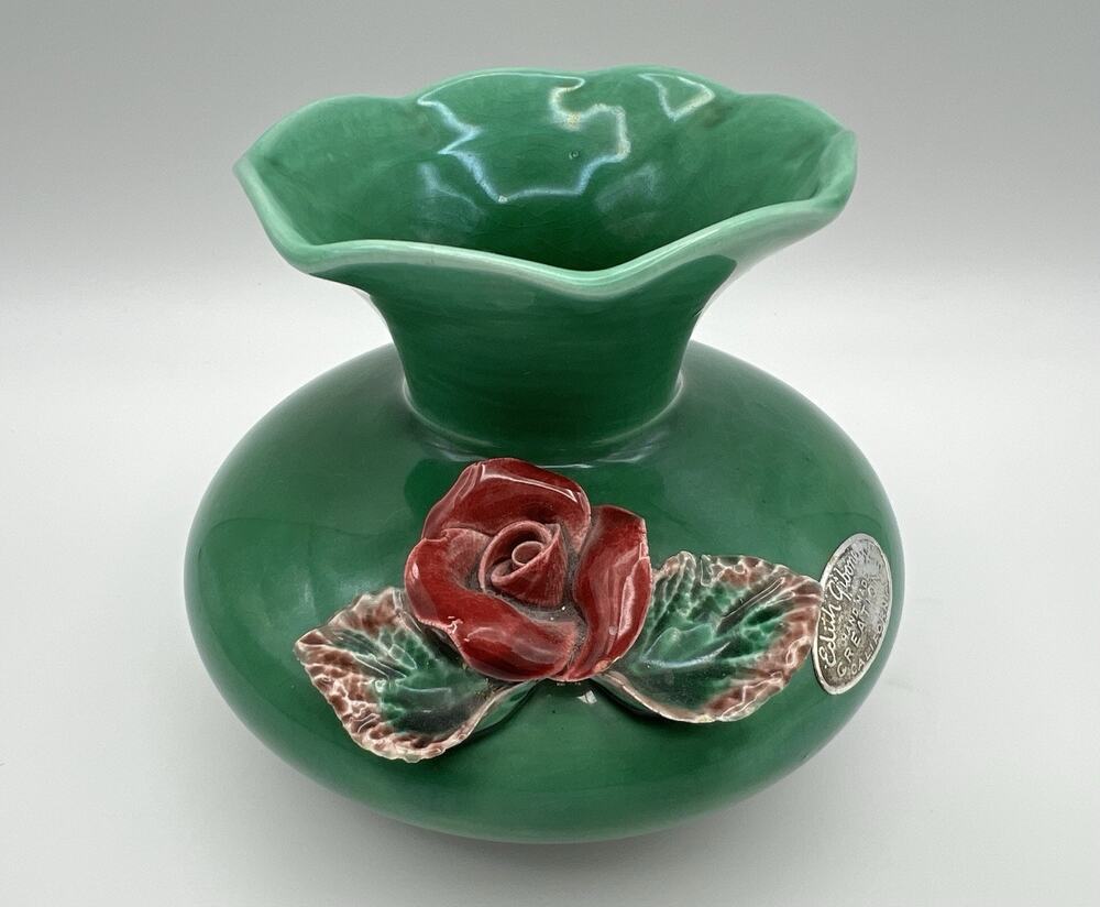 Edith Giboney California Art Pottery Vase 4.5” Green Glaze Red Rose Flower VNTG